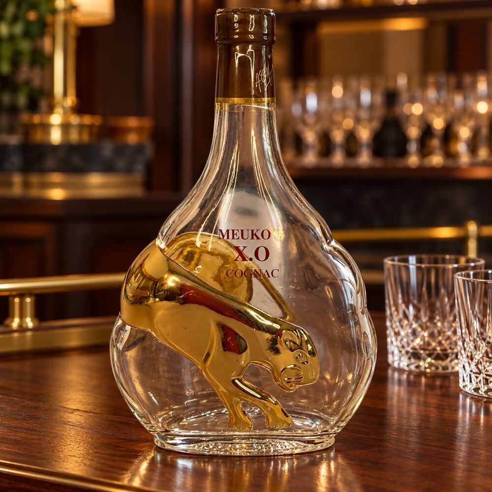 Meukow XO Cognac Gold Panther Empty Glass Bottle Decanter Bar Decor